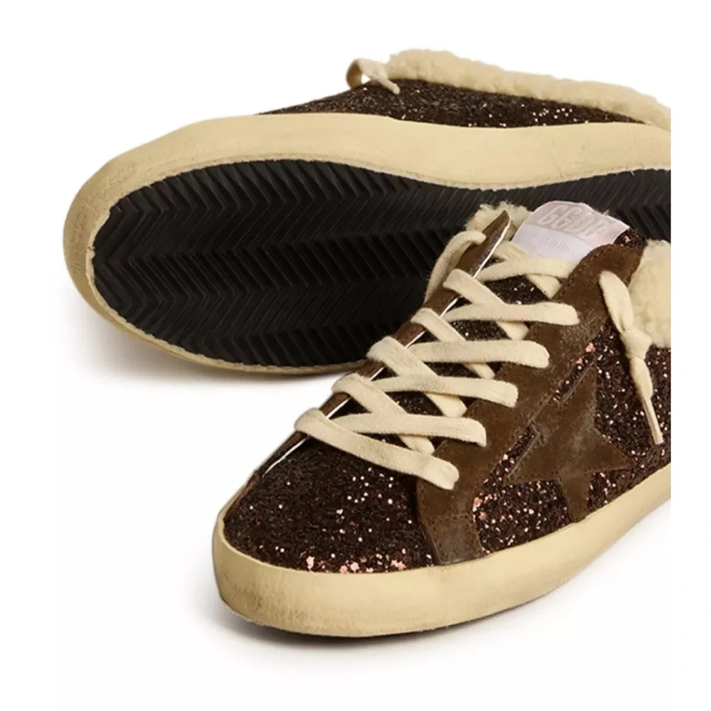 Golden Goose Brown Glitter Shearling-Trim Sneakers - Picture 2 of 5